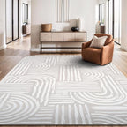 Beverly Rug Modern Geometric Area Rug 8x10 Low-High Pile Durable Soft Abstract Curved Indoor Rugs for Living Dining Room Office Stain Resistant Non Shedding Casual Indoor Carpet Beige White 8 x 10
