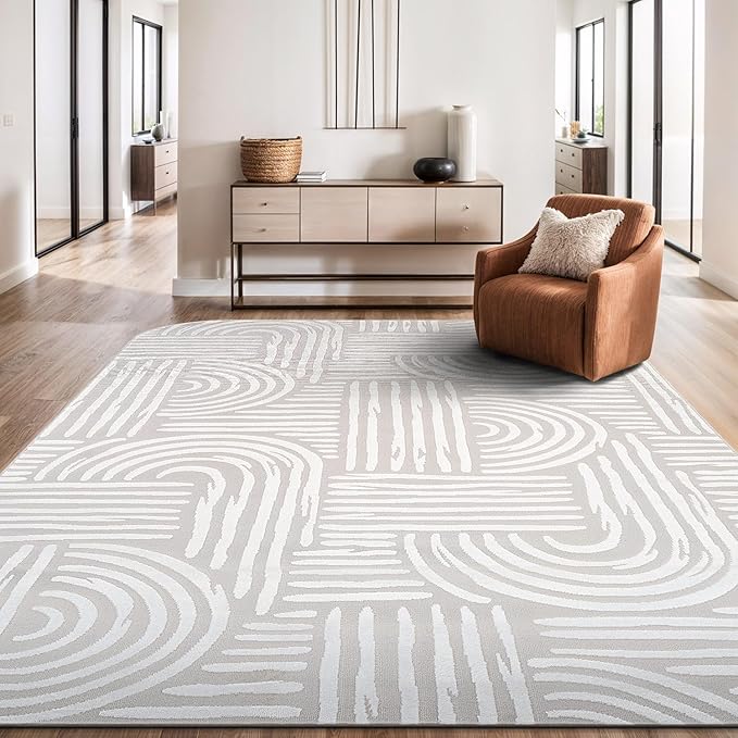 Beverly Rug Modern Geometric Area Rug 4x6 Low-High Pile Durable Soft Abstract Curved Indoor Rugs for Living Dining Room Office Stain Resistant Non Shedding Casual Indoor Carpet Beige White 4 x 6