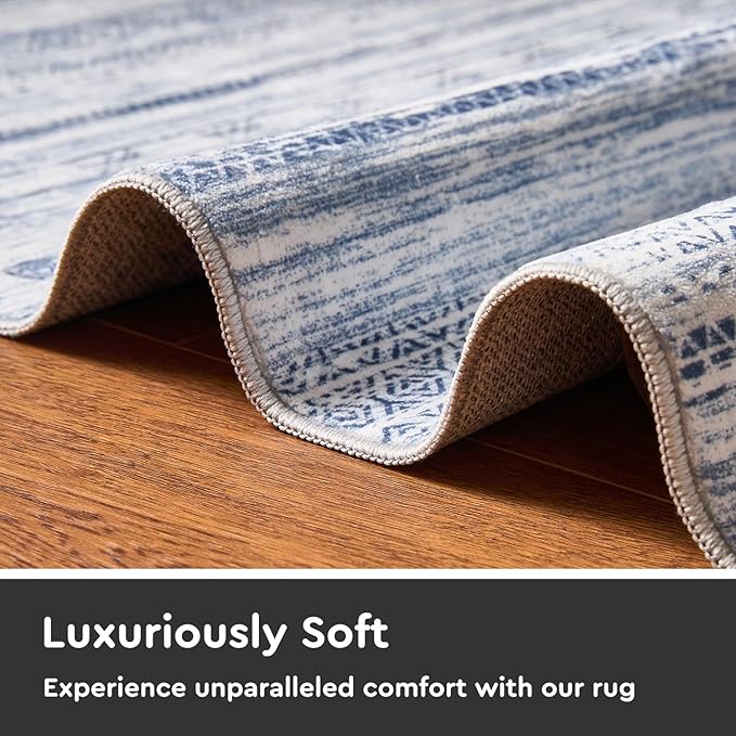 2x6 Runner Rug Machine Washable Non Slip Area Rug Distressed Neutral Moroccan Boho Rug Ultra Soft Floor Runners for Hallways for Entryway Laundry Room Kitchen, Blue