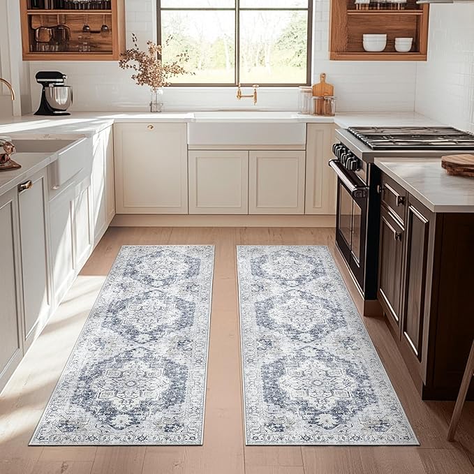 jinchan Kelda Runner Rug 2x5-2pcs Hallway Rug Kitchen Washable Runner Vintage Mat Retro Print Lightweight Non-Slip Floor Cover Distressed Thin Carpet for Entryway Bathroom Bedroom Laundry Room Grey