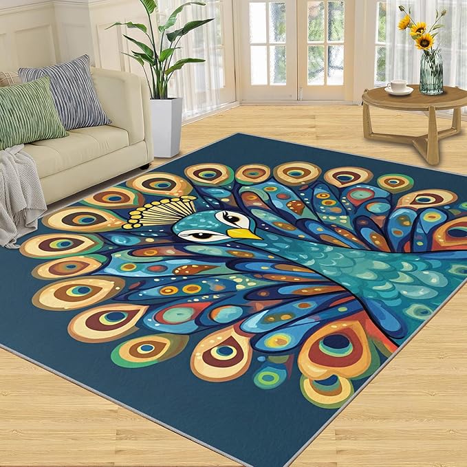 Boho Peacock Rugs for Living Room - 4x5 Rug, Peacock Decor Area Rugs for Bedroom, Teal Turquoise Rug, Modern Style Washable Carpet, Aesthetics Carpet - Peafowl Home Decor & Gifts