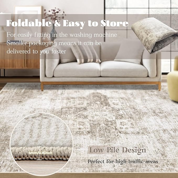 Area Rug 9x12 Washable Rug, Vintage Boho Medallion Rugs Non-Slip Soft Low Pile Large Distressed Rug Indoor Retro Carpet for Living Room Bedroom Dining Room Home Office (Taupe, 9'x12')
