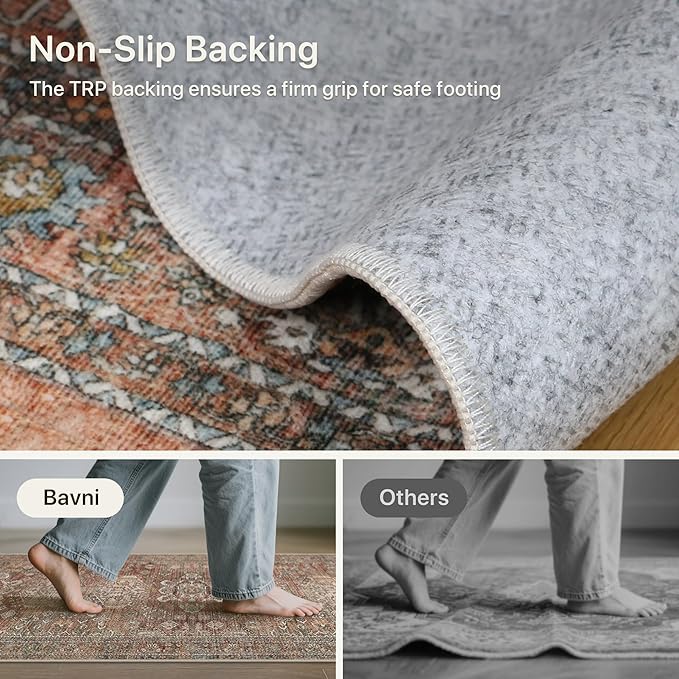 Bavni 3x5 Area Rug for Living Room Bedroom, Washable Boho Print Vintage Aesthetic Rug, Ultra-Thin Low Pile Rugs for Entryway Playroom with Non Slip Backing, Brick