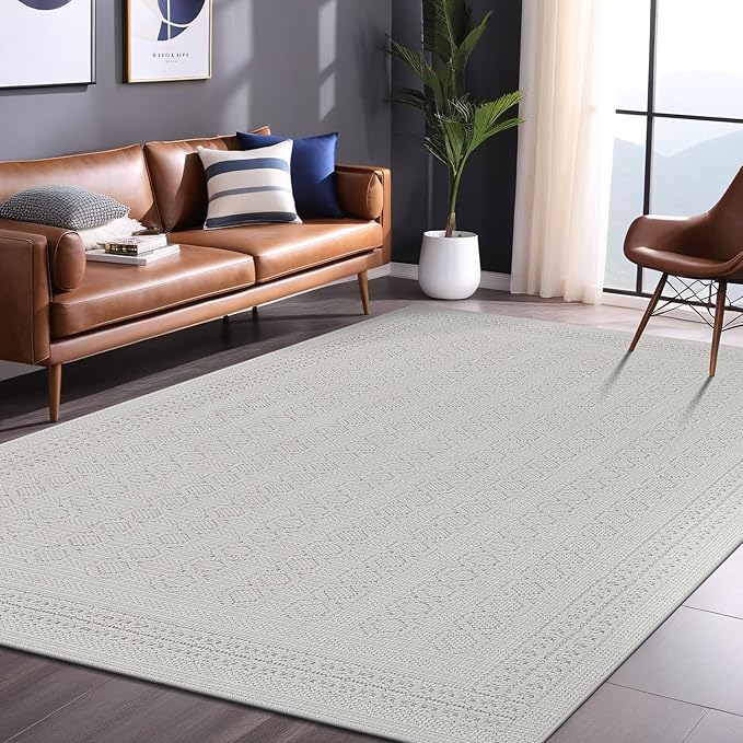 Micro Loop Indoor Rug White 9x12 Boho Geometric Neutral Area Rugs for Living Room Soft Luxury Modern Low and High Pile Durable Stain Resistant Non-Shedding Indoor Area Carpet 9 x 12