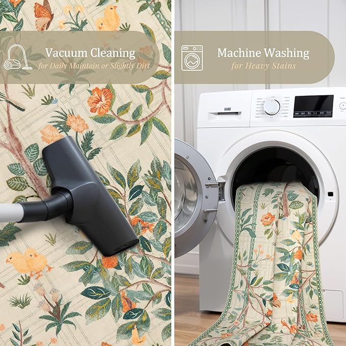 Morebes Boho Floral Washable Runner Rug 2x6, Flower Bathroom Sage Green Runner Rugs for Hallway Non Slip, Soft Botanical Birds Indoor Throw Carpet for Entry Bedroom Laundry Room