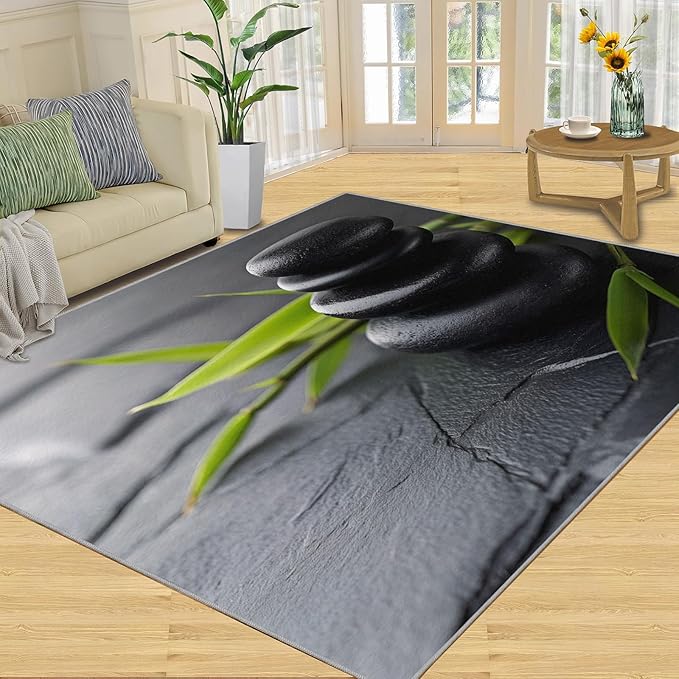 Zen Buddhism Rugs for Bedroom - 5x8 Area Rug - Black Zen Dianthus Leaf Rugs for Living Room, Meditation Yoga Rug, Washable Home Decor Carpet