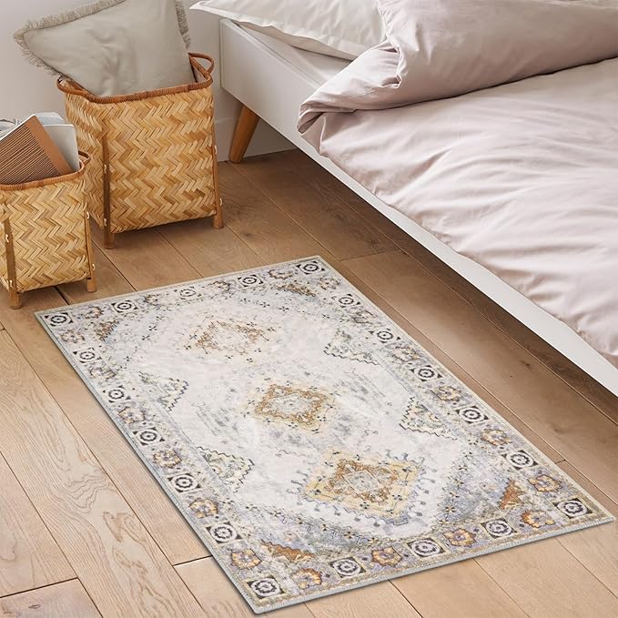 COMSLE Area Rug 2x3 Faux Wool Throw Rug for Entryway, Boho Washable Small Rugs Non-Slip Distressed Carpet Soft Accent Floor Rug for Indoor Entrance, Bedroom, Living Room, Kitchen (Khaki)