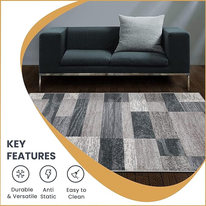 Superior Indoor Area Rug, Jute Backed, Modern Geometric Patchwork Floor Decor for Bedroom, Office, Living Room, Entryway, Hardwood Floors, Rockwood Collection, 3' x 5', Blue-Taupe