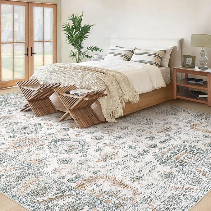 Area Rug 9x12 Living Room Rug, Machine Washable Vintage Distressed Boho Area Rug Non-Slip Soft Low Pile Large Indoor Rugs for Bedroom Kitchen Dining Room Office(Brown Green,9'x12')