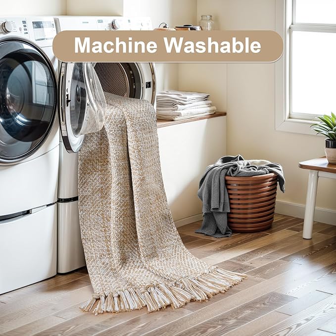 Collive Kitchen Runner Rug, 2' x 4.3' Hand-Woven Reversible Washable Rugs, Tan Cotton Modern Farmhouse Bathroom Mat Hallway Carpets for Foyer Bedroom Entry Back Door Decor