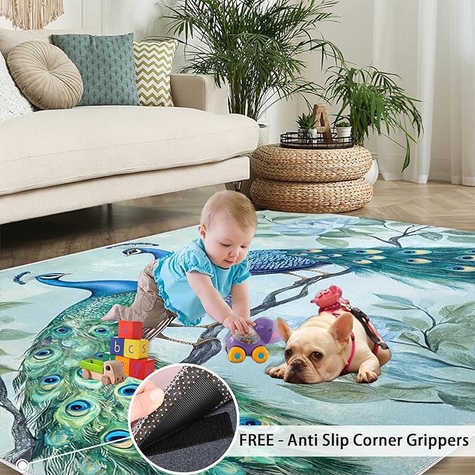Peacock Rugs for Living Room - 4x6 Rug, Classic Peacock Floral Area Rugs for Bedroom, Teal Turquoise Rug, Modern Style Washable Carpet, Aesthetics Carpet - Peafowl Home Decor & Gifts