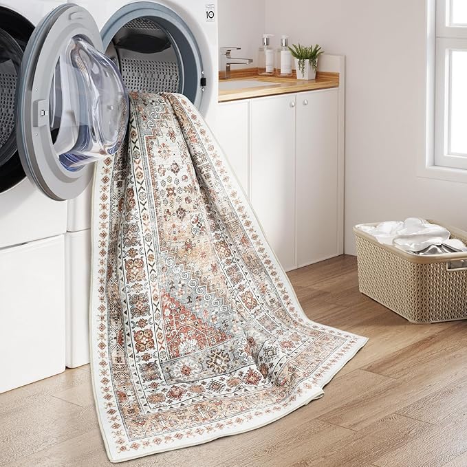 zesthome Washable Round Rug - 5ft Ultra-Thin Circle Area Rugs, Vintage Non-Slip Low Pile Rug for Living Room, Stain Resistant Rug for Bedroom, Entryway, Kitchen, Nursery