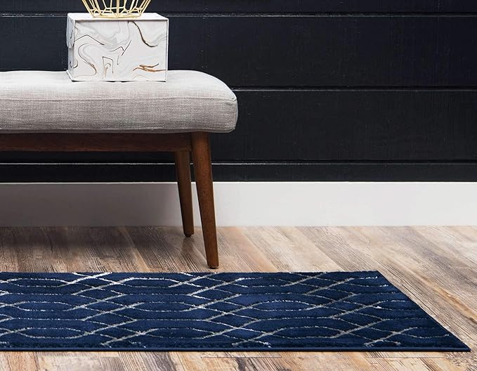 Unique Loom Marilyn Monroe Glam Collection Area Rug - Trellis (2' x 6' Runner, Navy Blue Silver/ Silver)