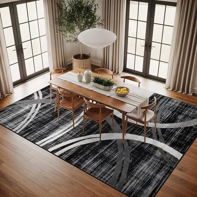 Rugshop Modern Wavy Circles Design Area Rug, Non-Shedding Carpet for Living Room, Primary Bedroom, or Dining Room, Grand Room,Open Spaces Black, 10' x 14'