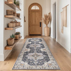 jinchan Runner Rug 3x8 Vintage Hallway Runner Boho Washable Rug Floral Medallion Retro Non Slip Classic Thin Soft Carpet for Kitchen Bedroom Bathroom Laundry Room Doorway Grey