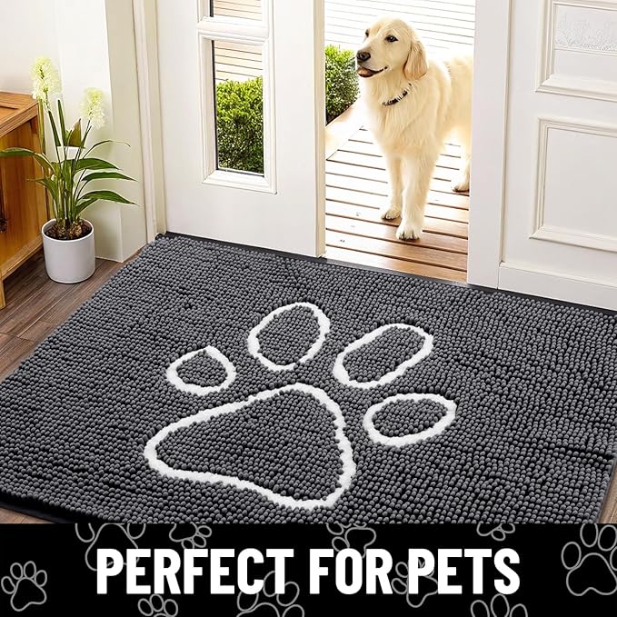 Smiry Dog Door Mat for Muddy Paws, Absorbent Dirt Trapper Non Slip Quick Dry Washable Chenille Mat for Mud Dogs, Entry Rug for Indoor and Outdoor (59x35 Inches, Dark Grey and White)