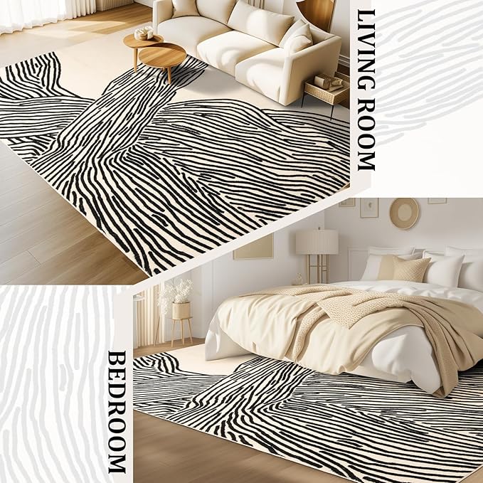 YIHOUSE 6×9 Ft Washable Rug, Black and White Abstract Rug for Bedroom, Living Room, Dining Room, Office, Playroom, Nursery, Nonslip Thin Modern Large Rugs Soft Abstract Contemporary Striped Rugs