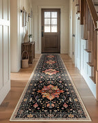 Area Rugs 2'x10' Washable Non-Slip, Floral Vintage Distress Print Pattern Medallion Carpet for Living Room Bedroom Dining Room, Black Colorful Floral Dark Tan