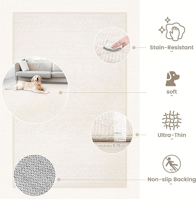5x7 Area Rugs Living Room: Washable Boho Geometric Moroccan Rug Neutral Modern Farmhouse Indoor Soft Non Slip Ultra Thin Printed Pattern Carpet for Dining Room Bedroom Nursery Home (Beige, 5'x7')