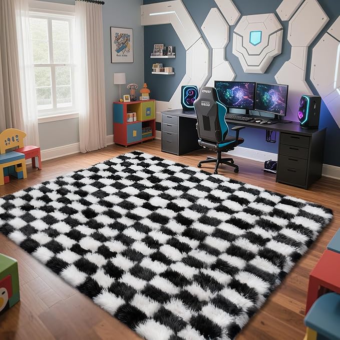 Checkered Rug for Living Room, 8x10 Black and White Area Rugs, Classic Checkered Carpets Shaggy Area Rug, Bedside Rugs for Living Room Bedroom Kids Room Home Decor