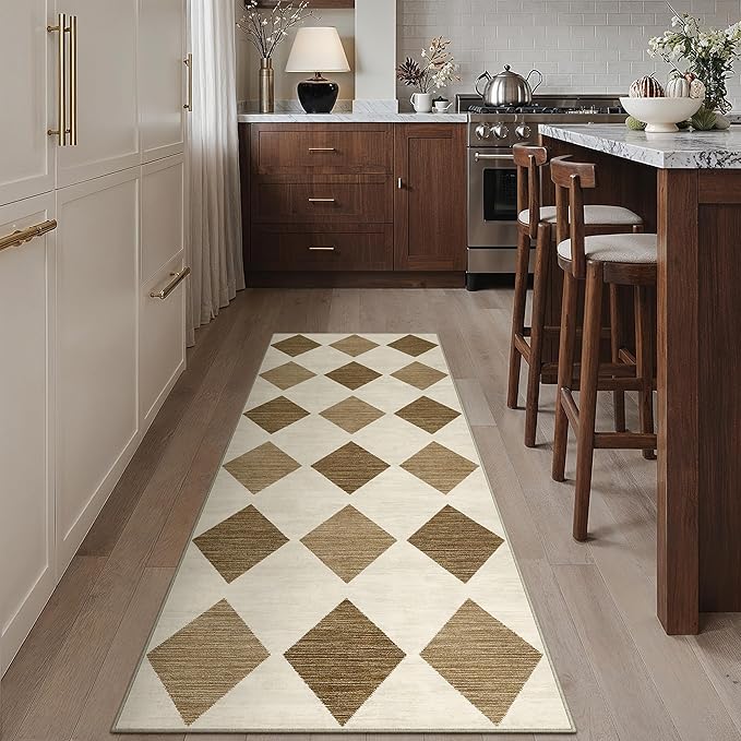 2x8 Runner Checkered Rug for Hallways Brown Washable Long Carpet Non-Slip Low Pile Boho Indoor Accent Throw Rug for Entrance Kitchen Bedroom Dining Laundry