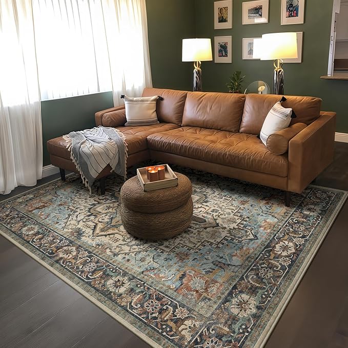5x7 Machine Washable Area Rug for Living Room, Blue Beige Boho Vintage Floral Rug Large Non-Slip Low Pile Soft Faux Wool Carpet, Kids and Pets Friendly for Bedroom Dining Room Farmhouse Decor Rug