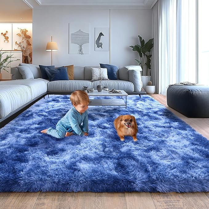Fluffy Area Rugs for Living Room, Soft Shaggy Carpets for Living Room, Upgrade Anti-Skid Fuzzy Rugs for Kids' Room, Perfect Decor for Modern Home Tie Dye Blue 6x9 Feet