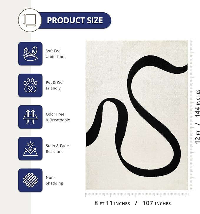 Abani Abstract Beige/Black Area Rug - 9'x12' - Modern Curved Line Design - Deco Collection - Easy to Clean - Durable for High Traffic Areas - Living Room, Dining Room - Medium Pile