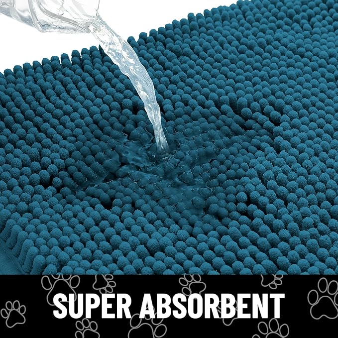 Smiry Dog Door Mat for Muddy Paws, Absorbent Dirt Trapper Non Slip Quick Dry Washable Chenille Mat for Mud Dogs, Entry Rug for Indoor and Outdoor (40x32 Inches, Atlantic Blue and White)