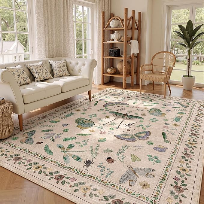 7x9 Low Pile Machine Washable Bug Rug - Indoor Non-Slip Insect Print Rug for Entryway, Living Room, Bedroom, Kitchen, Front Door, Laundry (7'x9' Beige Green)