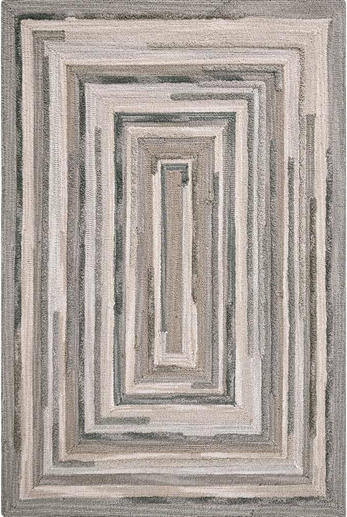 Company C Concentric Squares Wool Area Rug 4' X 6' Gray Striped