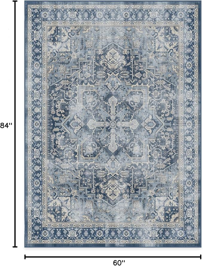 RUGGABLE Washable Area Rug – Kamran Admiral Blue 5x7, Stain-Resistant, Non-Slip – Medium Machine Washable Rugs for Living Room, Bedroom, Hallway, Entryway & Office–with Cushioned Pad