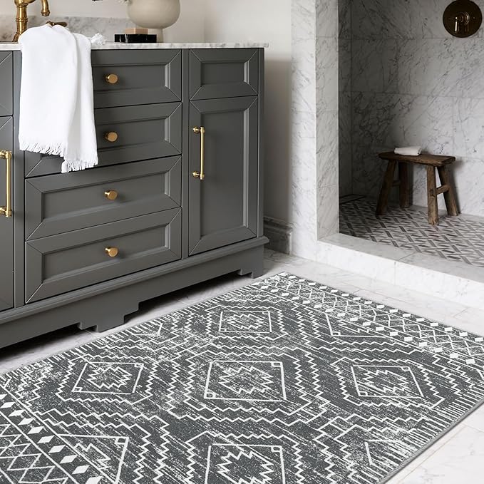 Wonnitar Moroccan 3x5 Washable Area Rug, Boho Living Room Rug, Non-Slip Farmhouse Rustic Bedroom Throw Mat, Non-Shedding Soft Geometric Floor Carpet for Kitchen Entry Office (Dark Grey,3'x5')