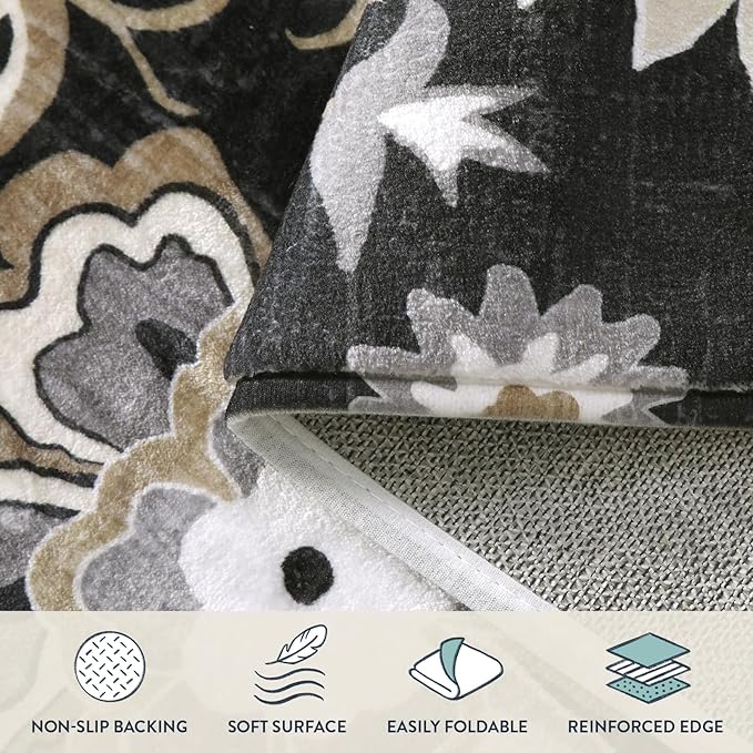 Lahome Floral Black Small Runner Rug - 2x4 Area Rug Non-Slip Low-Pile Washble Entryway Runner Rug Throw Stain Resistant Kitchen Rugs, Paisley Print Accent Carpet Runners for Bedroom Bathroom Laundry