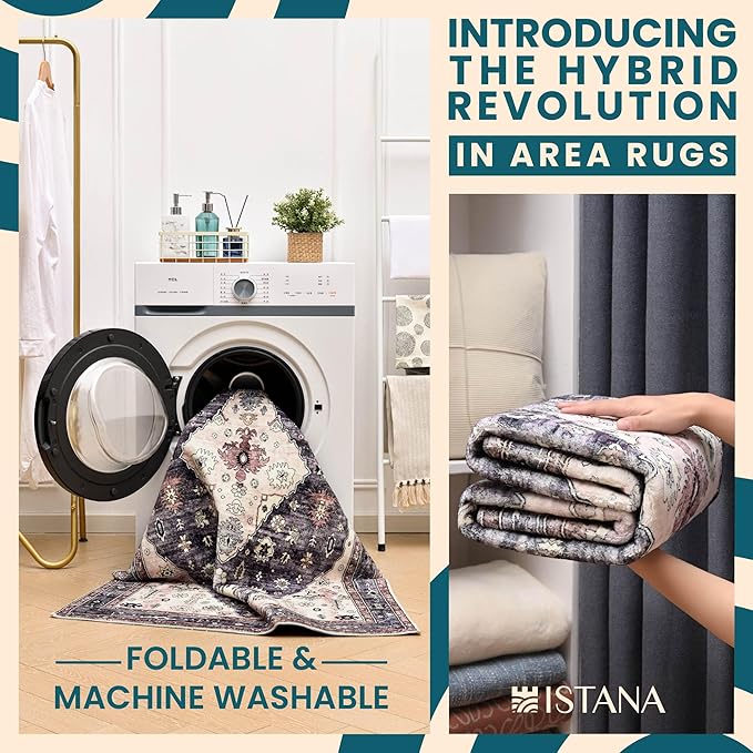 Istana Area Rugs 9x12 - Dark Grey Blue/Rose Mauve Rugs for Bedroom - Foldable Big Rugs for Bedroom - Stain Resistant Rug 9x12 Area Rug - 9X 12 Area Rugs - Washable Area Rug - Beige Rug