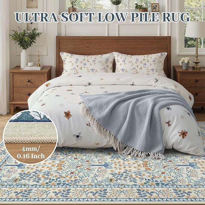 6x9 Area Rugs Living Room Rug - Floral Vintage Morris-Inspired Washable Carpet, Low Pile Non-Shedding Stain Resistance Boho Soft Carpet for Bedroom, Dining Room, Office, Farmhouse (6'x9' Blue/Orange)