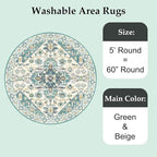 VK VK·LIVING Round Washable Rug 5'Ft Vintage Machine Washable Area Rugs with Non Slip Round Rugs for Living Room Bedroom Traditional Woven Carpet Stain Resistant Dining Office Boho Rug,Green&Beige