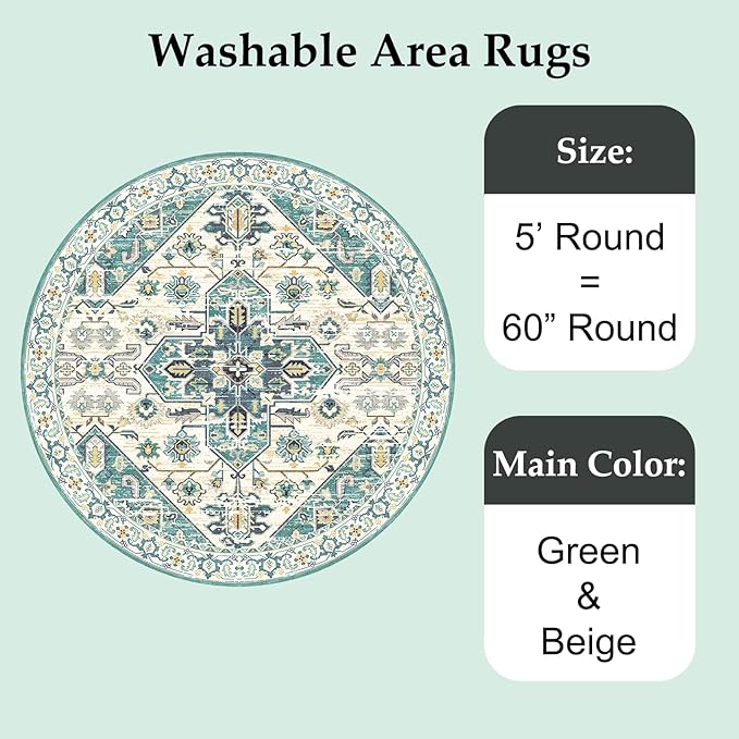 VK VK·LIVING Round Washable Rug 5'Ft Vintage Machine Washable Area Rugs with Non Slip Round Rugs for Living Room Bedroom Traditional Woven Carpet Stain Resistant Dining Office Boho Rug,Green&Beige