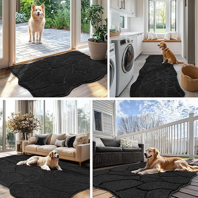 BSICPRO Dog Mat for Muddy Paws, 24x36 Low Profile Absorbent Dirt Trapper Door Mat, Non-Slip Washable Mud Mat for Dogs, Polyester Pet Rug Mat for Front Door Indoor, Patio, Entrance (Black)