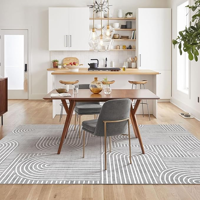 Washable Area Rug 8x10 - Large Grey Boho Rugs for Living Room Soft Abstract Bedroom Rug Ultra-Thin Modern Rainbow Carpet Dining Room Nursery Room Home Decor