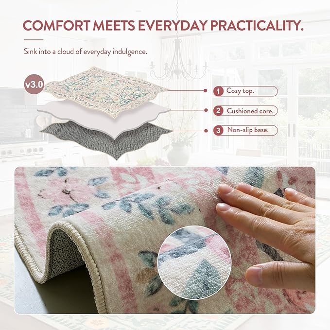 Lahome Pink Washable Rugs for Bedroom Girls 6x9, Boho Floral Living Room Rugs Non-Slip, Soft Low-Pile Nursery Carpet for Dining Room Kids Dorm Decor, Blush