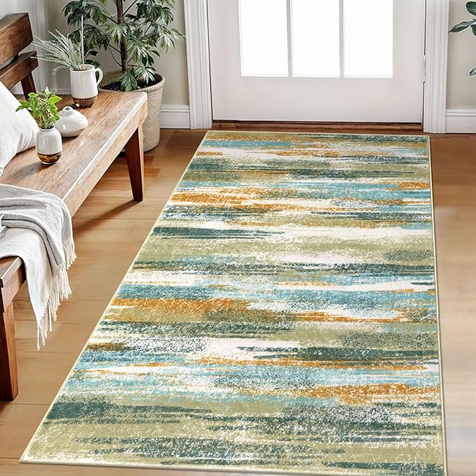 Modern Abstract Small Area Rug Indoor 3x5 Washable Rug Non-Slip Soft Entryway Rug Green Mustard Multi Kitchen Mats Thin Print Faux Wool Floor Carpet Throw Rugs for Entrance Bedroom Home Decor