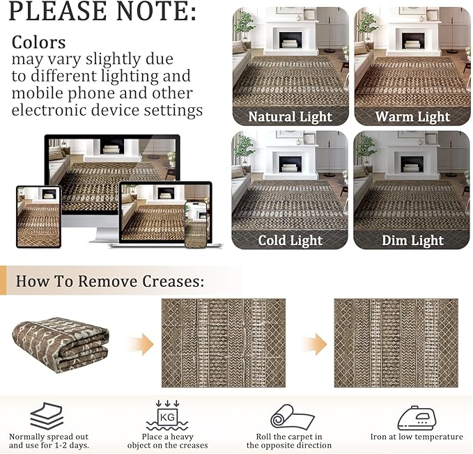 4x6 Machine Washable Area Rug for Living Room, Brown Vintage Moroccan Rug Large Non-Slip Low Pile Soft Faux Wool Carpet, Kids and Pets Friendly for Bedroom Dining Room Farmhouse Home Decor Rug