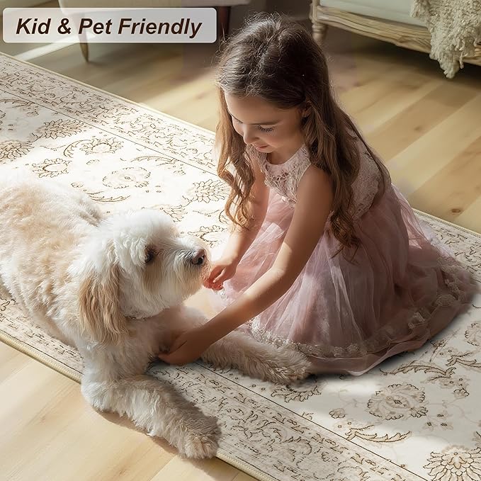 XWZO Washable Hallway Runner Rug 2x8ft — Non-Slip Low Pile Area Rug with Rubber Backing, Spill Resistant Soft Vintage Floor Carpet Runner for Kitchen Entryway Doorway Bedroom Corridor, Beige