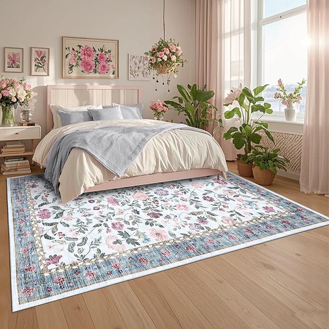 8x10 Washable Floral Distressed Rug, Vintage Farmhouse Area Rug for Living Room, Non-Slip Low Pile Soft Carpet for Nursery Bedroom Dining Room Home Office, Light Blue