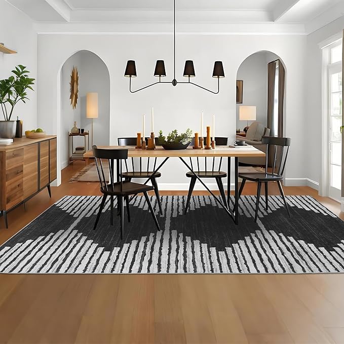 HelloTree Area Rug for Living Room 9x12 Washable Geometric Moroccan Rug Stripe Farmhouse Bohemian Minimalistic Non Slip Non Shedding Ultra Thin Soft Rug for Bedroom Office DiningRoom Nursery-Black