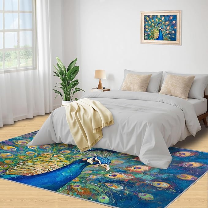 Peacock Rug Large - 6x8 Rug, Turquoise Teal Peafowl Washable Rugs for Living Room, Peafowl Decor Carpet, Modern Style Non-Slip Area Rugs for Bedroom, Aesthetics Carpet - Peafowl Home Decor & Gifts