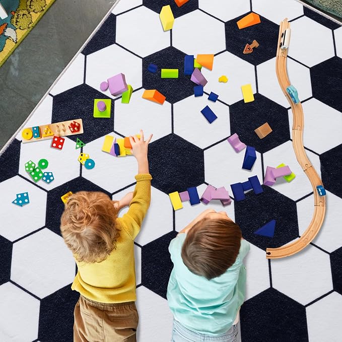Soft Soccer Rug, Gifts for Boys Girls, Cute Bedside Shag Area Rug for Kids Toddlers Teens, Non Slip Room Decor Indoor Carpet for Bedroom Living Room, Nursery, Machine Washable 8x10 FT