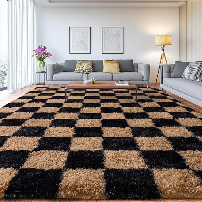 Extra Large Plush Rug High Pile Fluffy Rug for Living Room, Big Plush Non-Skid Shag Carpet, Soft Shaggy Rugs for Bedroom Indoor Modern Home Decor Grid 9x12ft