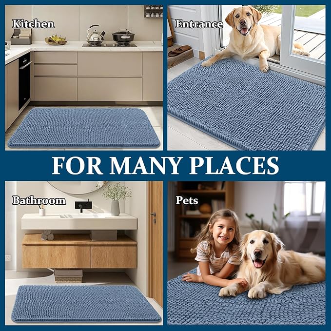 OLANLY Dog Door Mat for Muddy Paws 44x32, Absorbs Moisture and Dirt, Absorbent Non-Slip Washable Doormat, Quick Dry Chenille Mud Mat for Dogs, Entry Indoor Entryway Carpet for Inside Floor, Airy Blue